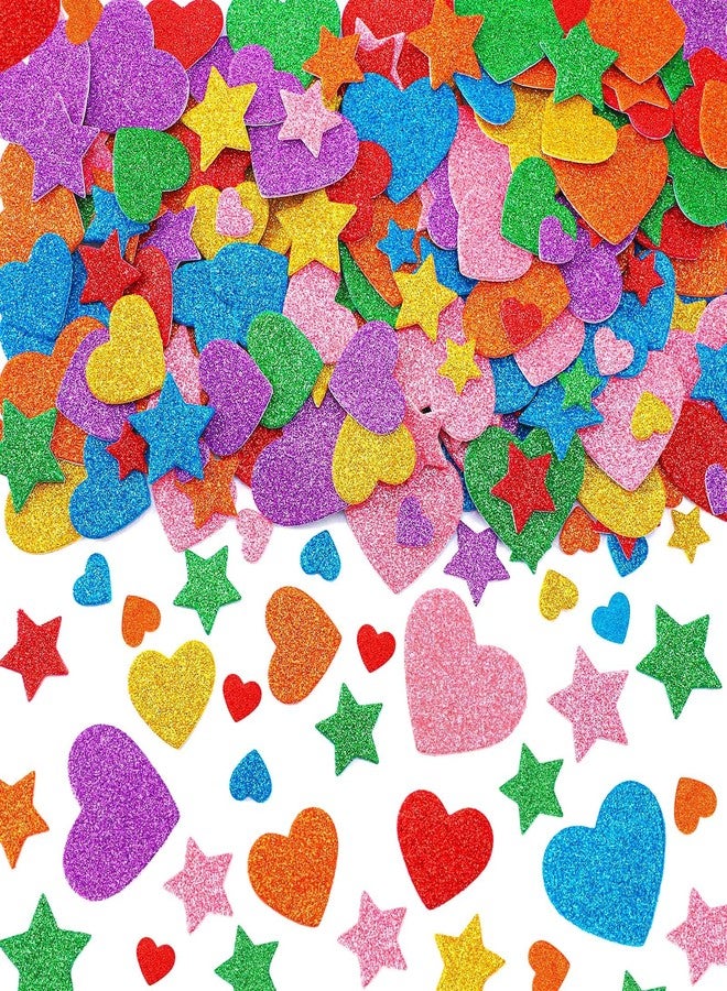 JULBEAR Colorful Glitter Foam Sticker, 300Pcs Stars Heart Shapes Glitter Self Adhesive Foam Stickers for Kids Party Favors Toddler DIY Crafts Supplies Home Decorations - Image 1